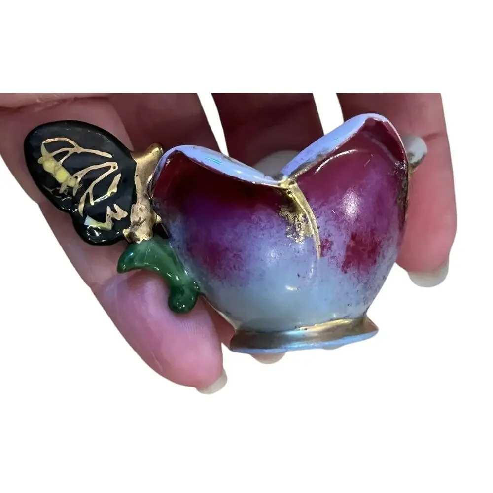 Japan Hand Painted Miniature Tea Cup & Saucer Purple Flower Butterfly Handle VTG